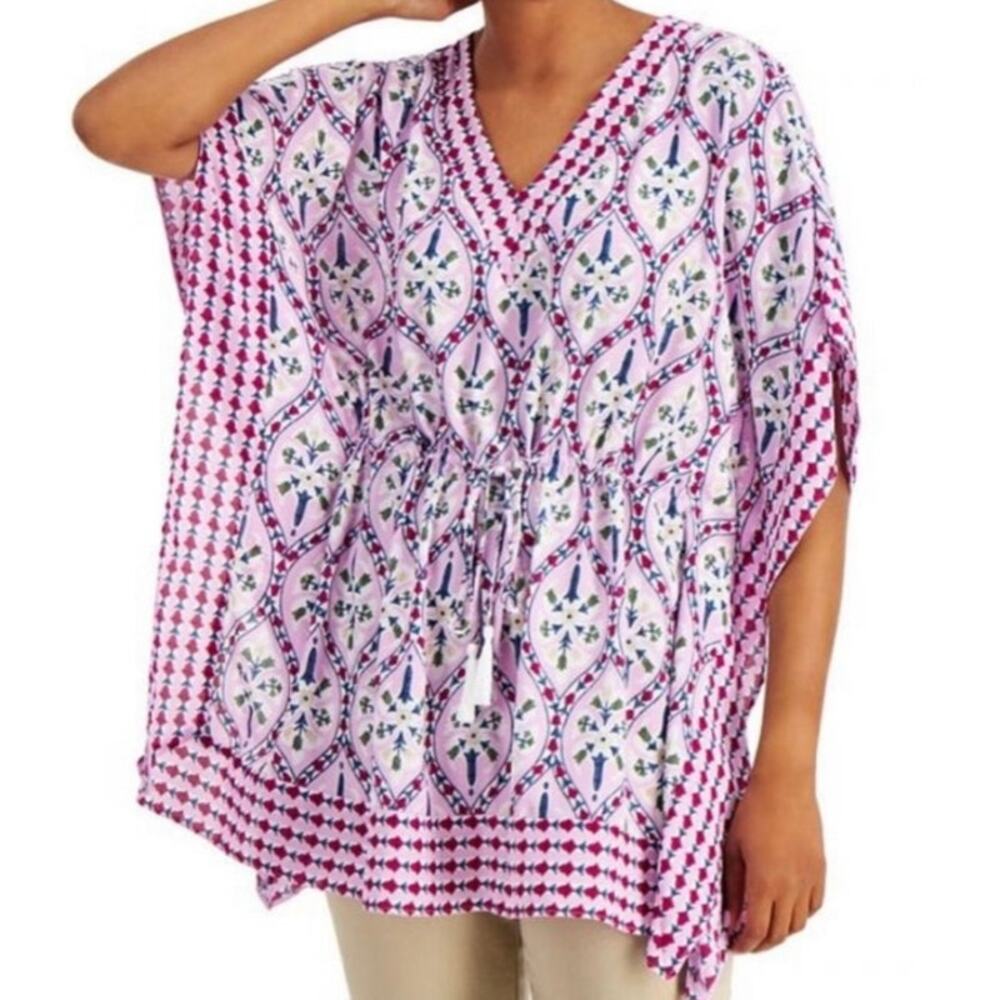 Charter Club Printed Kimono Purple Oversized Beach Resort Vacation Boho Blouse